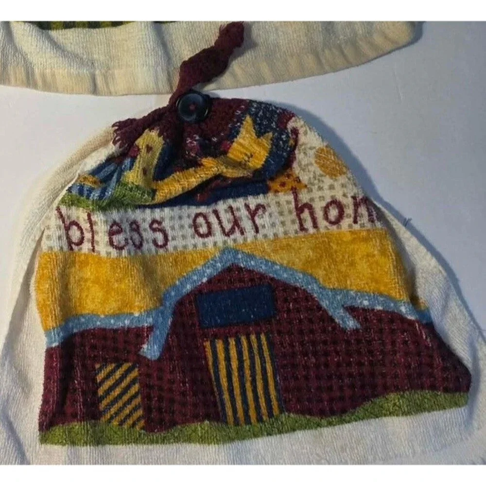 Lot of 4 Vintage Hanging Kitchen Towels and Leeks Waist Apron 1970s